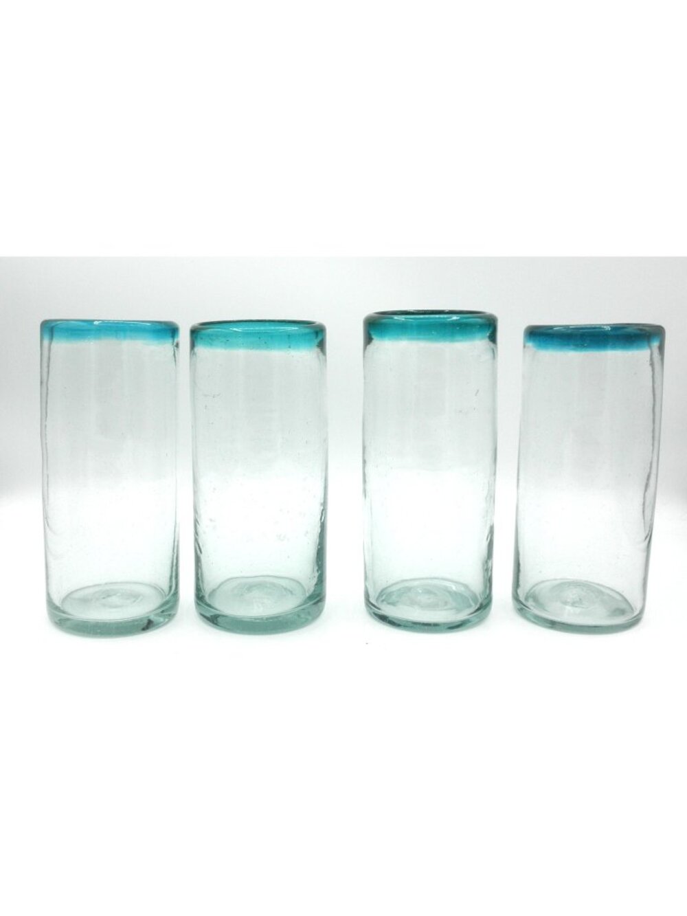 Artisanal Recycled Highball Glasses w/ Air Bubbles Aqua/Teal Rim – Set of 4